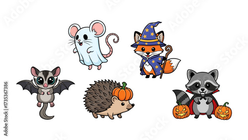 Whimsical Halloween Characters: A delightful collection of charming cartoon animals dressed in festive costumes, ready to sprinkle enchantment and merriment for the occasion of Halloween.