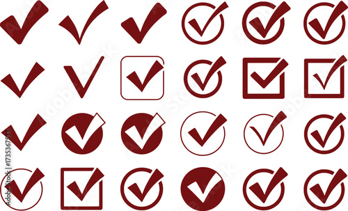 Collection of Maroon Check Mark Icons and Symbols on White Background