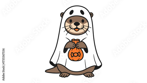 Spooky otter with candy: A charming otter, dressed in a whimsical ghost costume, clutches a jack-o'-lantern candy bag, ready for trick-or-treating in a fun Halloween scene.
