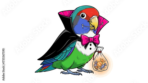 Halloween Parrot :A colorful parrot transformed into a charming vampire, ready to enjoy some sweet treats.