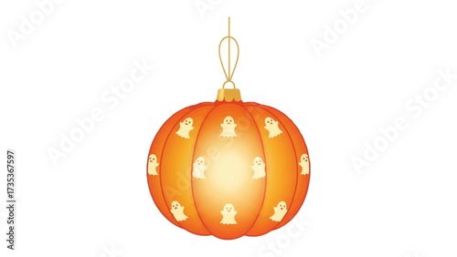 Halloween Ornament: A luminous orange ornament, adorned with ghostly silhouettes. suspended against a soft, atmospheric glow. Embodying the spooky and celebratory spirit of the season.