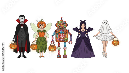 A Costume Fantasy: A delightful array of costumed figures stand ready to collect candy, a vibrant scene filled with imagination and whimsical cheer.