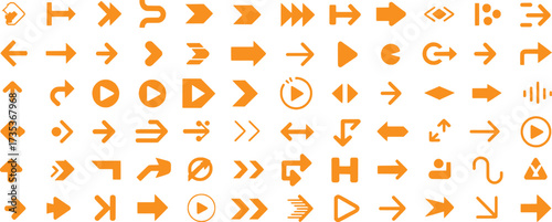 Collection of Orange Arrow and Play Icons on White Background