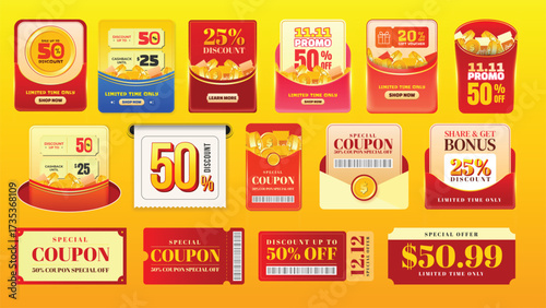 Collection of discount coupon and promo gift voucher for e-commerce and online store sale template set