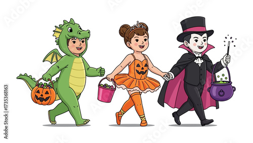 Halloween Parade: Three children in whimsical costumes, a dragon, a pumpkin, and a vampire, stroll with joyful anticipation, collecting treats.