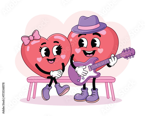 Cartoon hearts playing guitar on bench