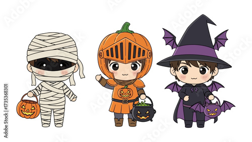 Halloween Costume Characters: A delightful trio of cartoon characters dressed in imaginative Halloween costumes, ready for trick-or-treating with their playful smiles and spooky accessories.