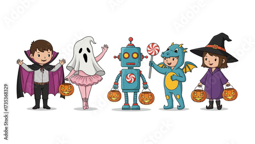 Spooky Costume Delight: Five children, each adorned in their own unique Halloween costume, stand ready for a night of trick-or-treating. A Vampire, a ghost, a robot.