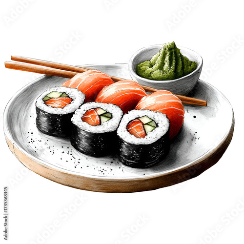 Plate of sushi rolls against transparent background
