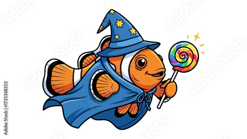 Whimsical Wizard Fish: A vibrant illustration captures an enchanting clownfish, adorned with a wizard's hat and cape, holding a colorful lollipop, bringing a touch of magic to the underwater world.