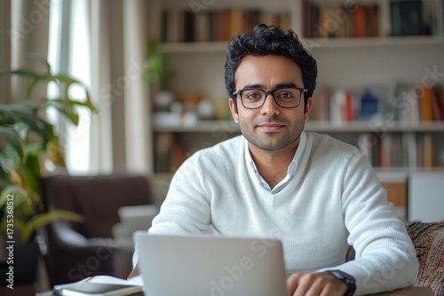 Indian man in a living room on a business video call, engaged in a professional conversation and maintaining a confident and focused demeanor while working remotely, Generative AI