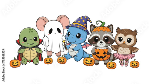 Whimsical Halloween Crew: A delightful assortment of cute, cartoonish animals joyfully prepared for Halloween, showcasing festive costumes and cheerful spirits.