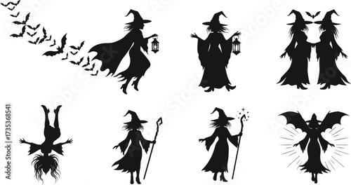 Spooky witches with hats, lanterns, staffs, bats and magic spells, dark gothic silhouette Halloween vector illustration for horror designs