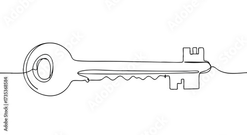 Continuous line drawing of a key on white background, simple illustration of key concept