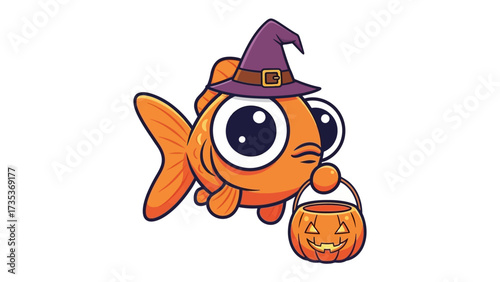 Halloween Goldfish: A whimsical illustration of a goldfish, adorned with a witch's hat, playfully holding a pumpkin-shaped candy basket, ready to celebrate the spooky season.