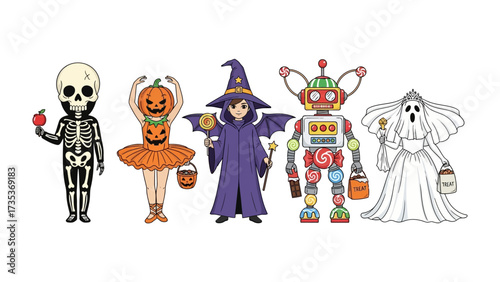 Whimsical Halloween Characters: A charming collection of costumed characters embody the spirit of Halloween. This illustration captures the playful essence of the season.