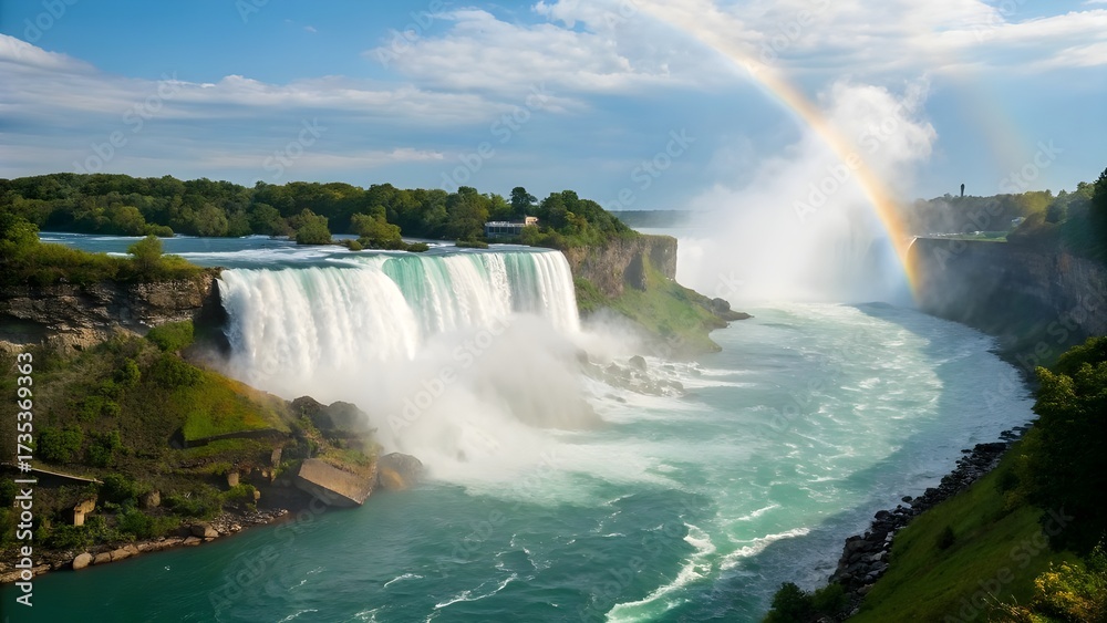Fototapeta premium Majestic Niagara Falls Cascades Powerfully On A Sunny Day, With A Vibrant Rainbow Arcing Through The Mist, Showcasing One Of The World’s Most Iconic And Breathtaking Natural Wonders