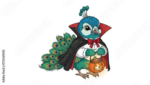 Peacock's Spooky Halloween Costume: A festive and whimsical peacock is elegantly dressed in a vampire costume and clutching a carved pumpkin.