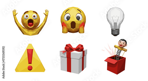 Vector art of surprise and warning icons shocked faces, lightbulb, exclamation, gift, jackinthebox