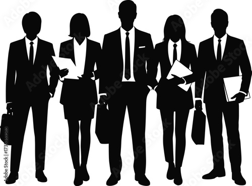 Business professionals in formal attire, corporate team silhouette, office workers standing, teamwork concept, leadership, career success, professional 