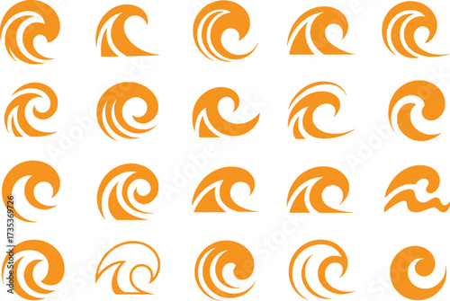 Collection of Orange Wave Icons and Symbols on White Background
