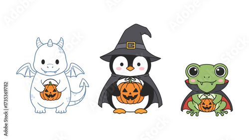 Halloween Characters: A charming collection of cartoon creatures, adorned in festive attire and carrying pumpkin lanterns, capture the whimsical spirit of Halloween. 
