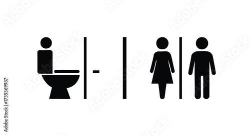 Simple black silhouettes of a person on a toilet and male and female figures standing behind vertical lines representing public restroom signs