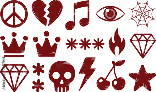 Collection of Red Grunge Icons: Peace, Heart, Music, Eye, Spiderweb, Crowns, and More