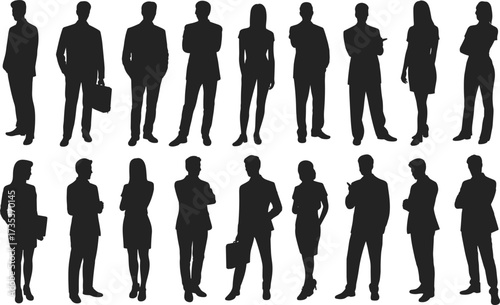 Business professionals silhouette, corporate team diversity, formal attire group, office staff standing, 