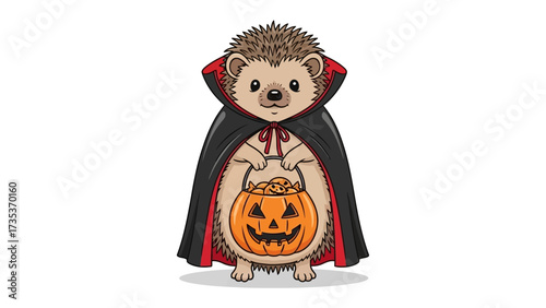 Halloween Hedgehog in Costume: A charming hedgehog dons a festive vampire cloak and carries a carved pumpkin, embodying the playful spirit of Halloween with an adorable illustration.