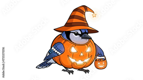 Halloween Blue Jay in Costume: A charming blue jay dressed up for Halloween, embodying the playful spirit of the season with its adorable pumpkin costume and festive hat.