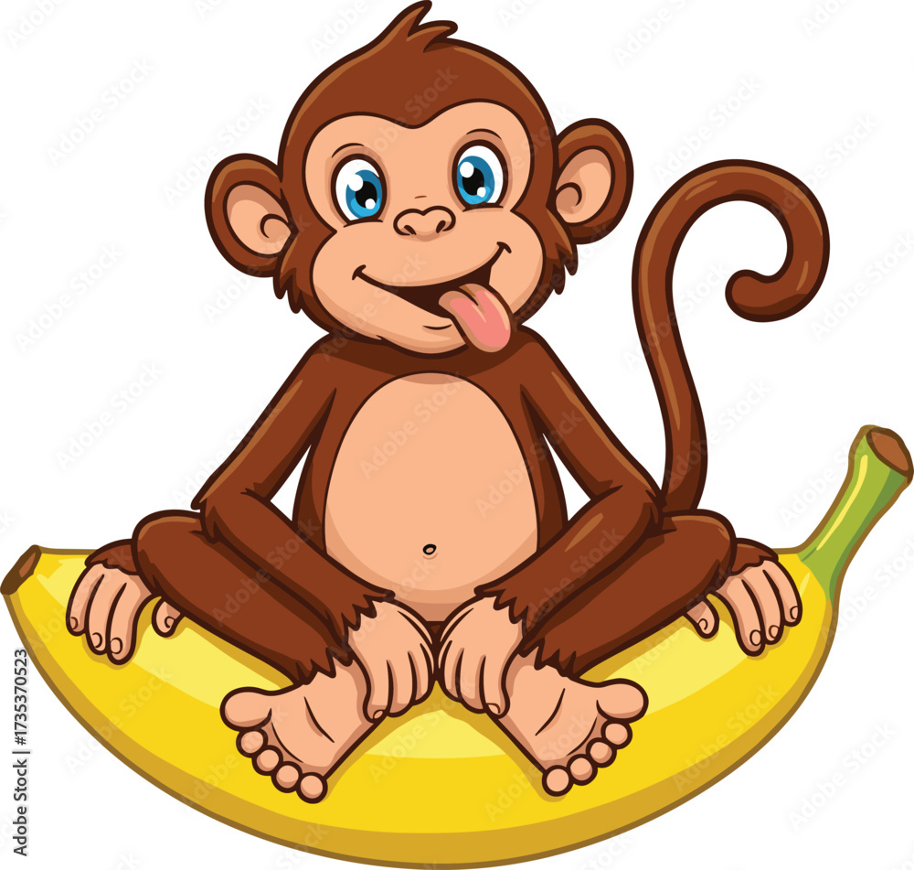 Obraz premium Cartoon monkey sitting on banana, playful jungle animal, cute character pose, children book mascot, cad drawing flat vector illustration