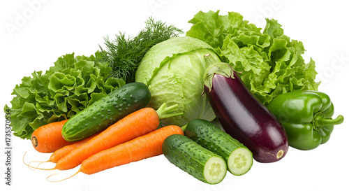 Fresh Vegetables Assortment with Lettuce Carrots Cucumbers Eggplant and Bell Pepper in Bright Natural Setting