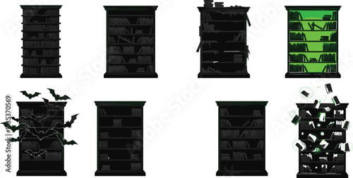 Spooky haunted bookshelves with glowing green light, flying bats, floating books and eerie gothic library horror Halloween vector illustration