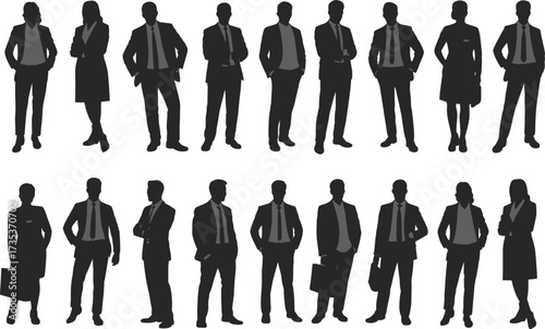Business professionals silhouette, formal attire group, corporate team diversity, office staff standing, career success, confident posture, leadership, teamwork, 