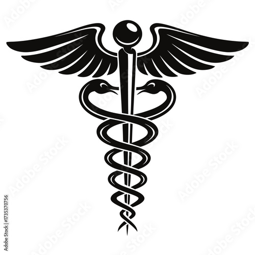 Black Caduceus Emblem with Winged Staff and Two Intertwined Snakes on White Background medical