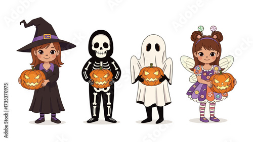 Halloween Costume Parade: A charming illustration of four children dressed in festive costumes, each clutching a carved pumpkin, celebrating the spirit of Halloween. 