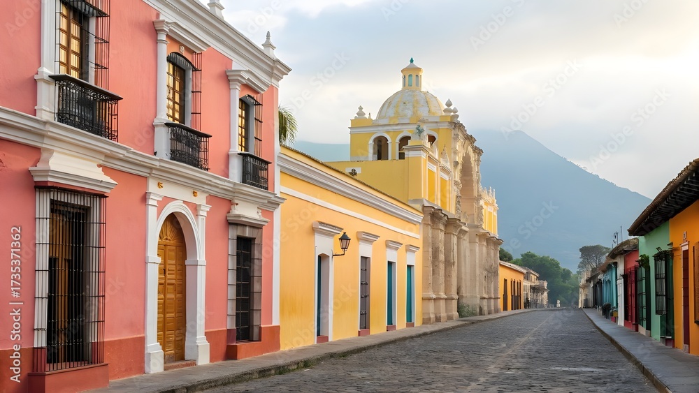 Naklejka premium Vibrant Colonial Buildings Line The Streets Of Antigua, Guatemala, With Bright Colors, Historic Charm, And Cobbled Roads Set Against The Majestic Backdrop Of Volcanoes In This Iconic City