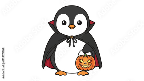 Halloween Penguin in Costume: A delightful cartoon illustration of a charming penguin dressed in a vampire cape and holding a carved pumpkin, embodying the festive spirit of Halloween.