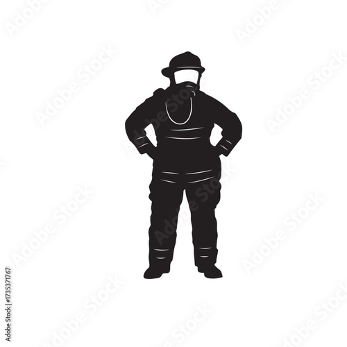 Print  Brave Fireman Figure in Protective Gear Vector Silhouette