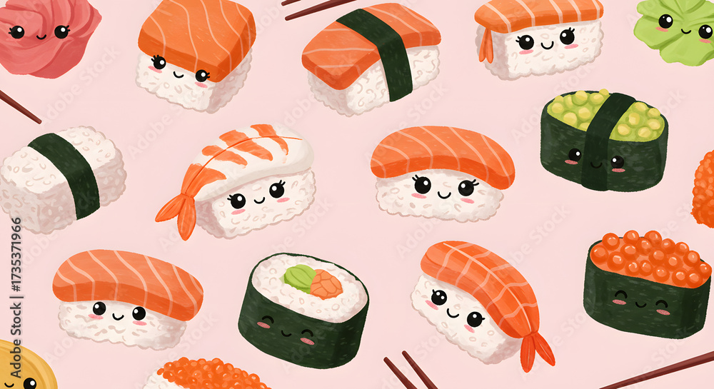 Fototapeta premium Cute Cartoon Sushi Characters on Soft Pink Background for Kids Food Design