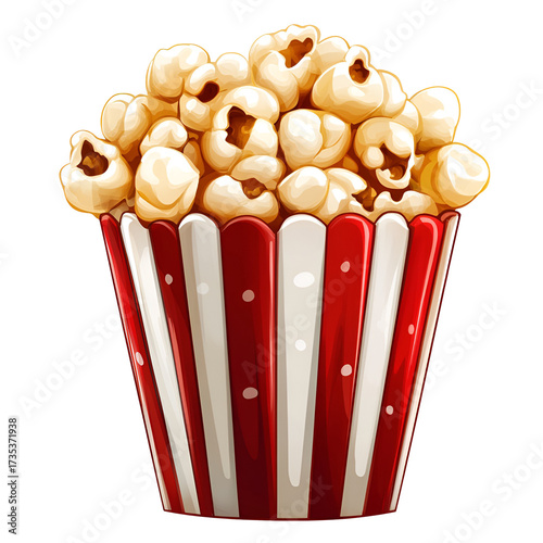 Popcorn in a red and white striped paper container