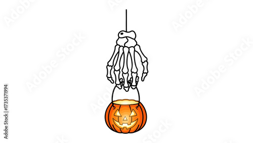 Spooky Halloween Decoration: A creepy illustration of a Halloween-themed decoration featuring a skeletal hand suspending a carved pumpkin jack-o'-lantern.