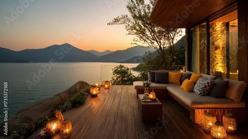 A cozy lakeside deck at sunset with candles, a plush outdoor sofa, and a glass-walled cabin overlooking calm water and distant mountains.