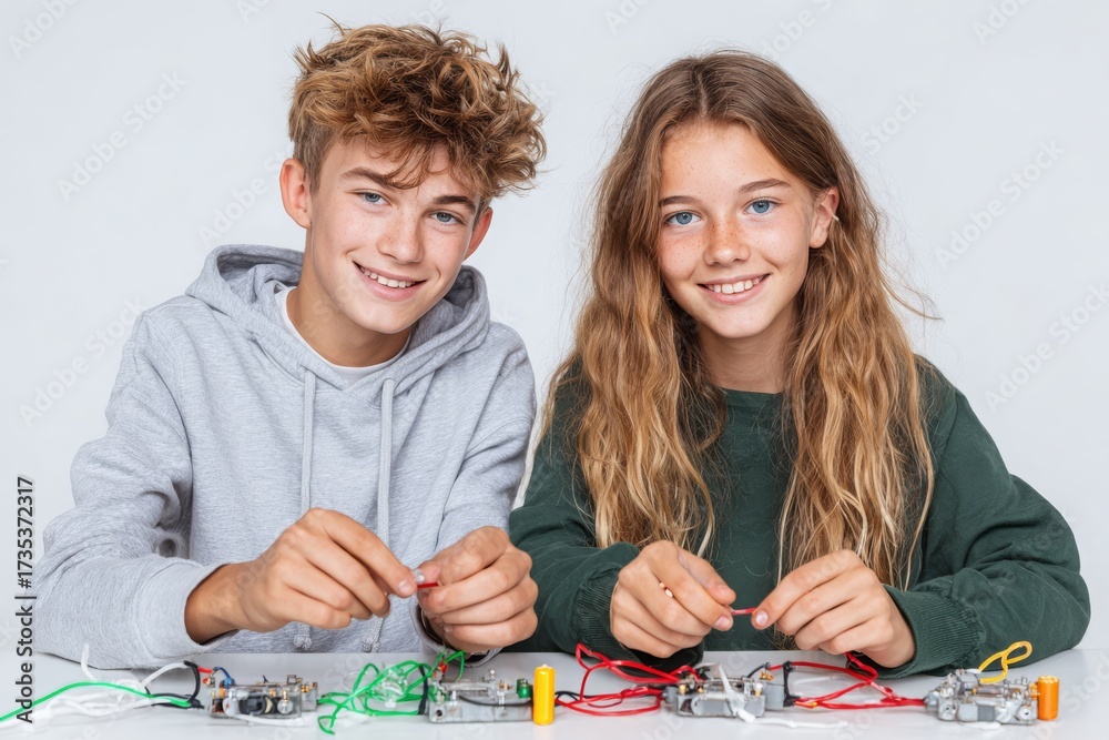 Fototapeta premium Smiling teenagers working on an electronics project, connecting wires, learning about electrical circuits with curiosity, and having fun in a bright, neutral environment.