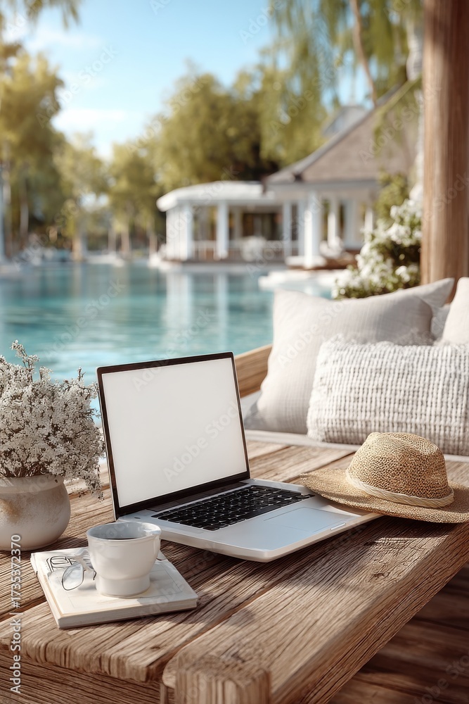 Fototapeta premium Laptop by a serene poolside with serene outdoor ambience