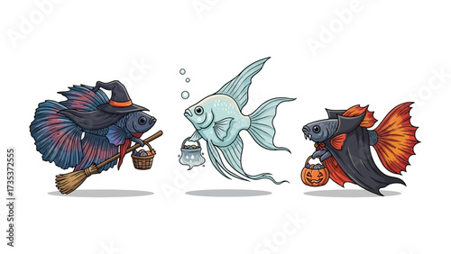 Halloween Aquatic Adventure: Charming illustrations showcase three uniquely costumed fish, embracing the spooky spirit of Halloween with an ocean-themed twist.