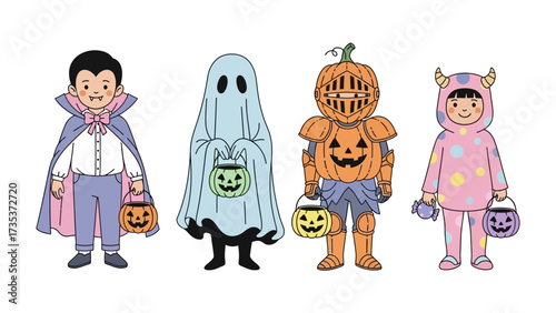 Costumed Revelry: A charming illustration presents four children in imaginative Halloween costumes, each with a unique design, ready for trick-or-treating. 