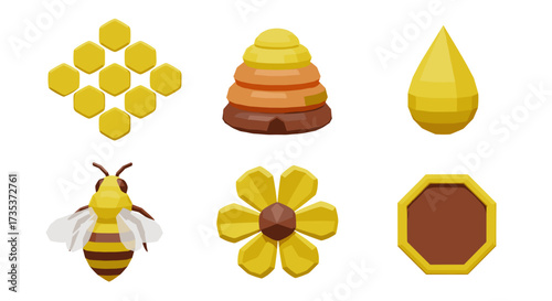Vector art of bee and honey icons including hive, flower, drop