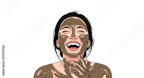 Joyful woman applies a natural mud mask, laughing wholeheartedly during a refreshing skincare routine, embracing self-care and beauty
